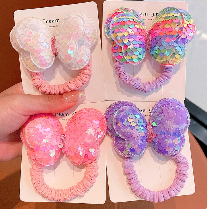 Dây Cột Tóc Cao Su Đính Nơ Sequin Lấp Lánh Dễ Thương Cho Bé Gái