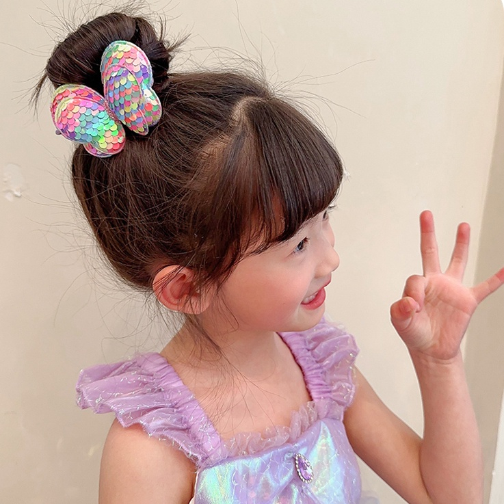 Dây Cột Tóc Cao Su Đính Nơ Sequin Lấp Lánh Dễ Thương Cho Bé Gái