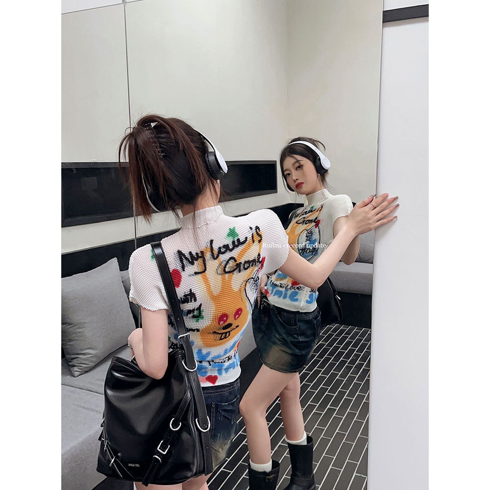 QADCOL Áo Thun Tay Ngắn Dáng Ôm In Họa Tiết dopamine Thời Trang Mùa Hè Dành Cho Nữ