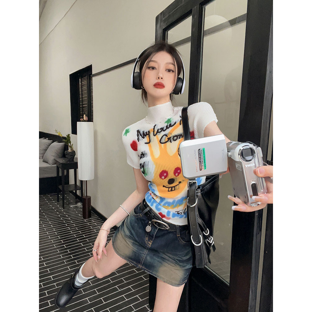 QADCOL Áo Thun Tay Ngắn Dáng Ôm In Họa Tiết dopamine Thời Trang Mùa Hè Dành Cho Nữ