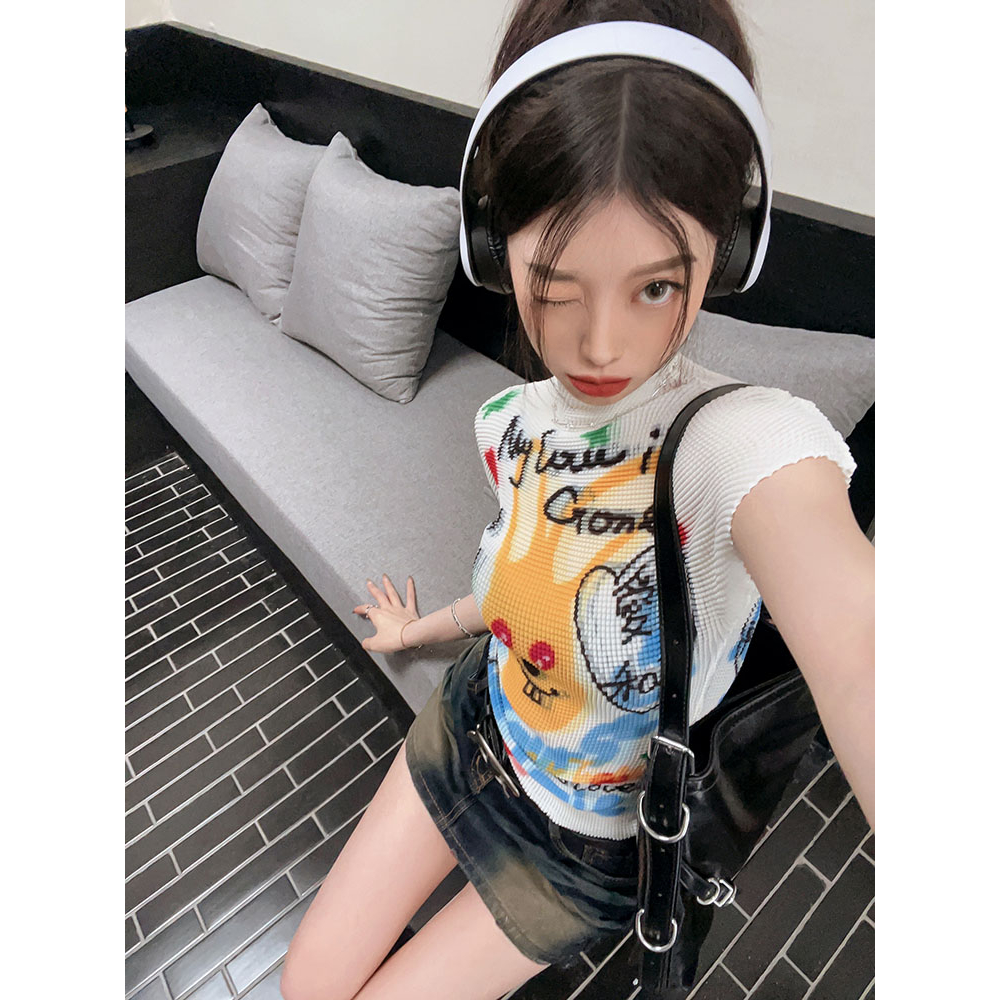 QADCOL Áo Thun Tay Ngắn Dáng Ôm In Họa Tiết dopamine Thời Trang Mùa Hè Dành Cho Nữ