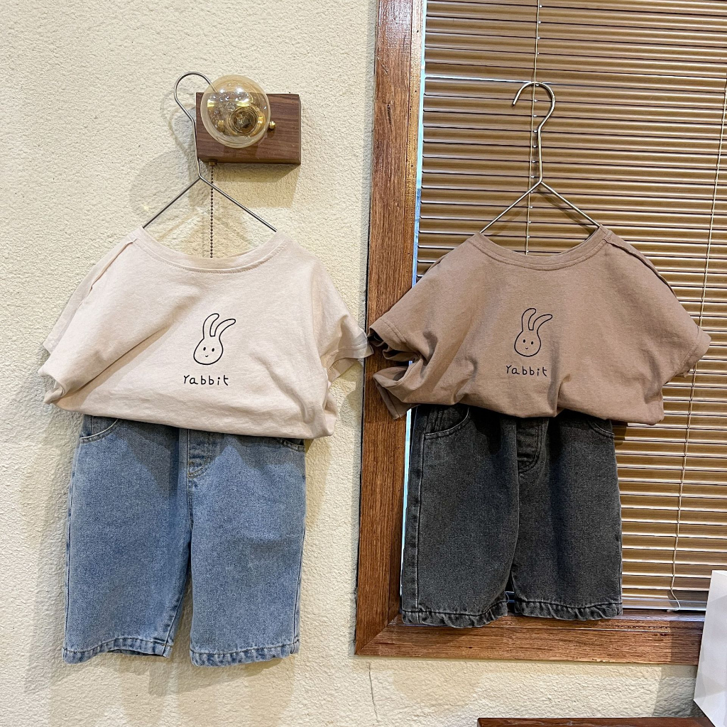 Sun baby Áo Thun cotton Tay Ngắn Dáng Rộng In Hình Đầu Thỏ Dễ Thương Thời Trang Mùa Hè Cho Bé