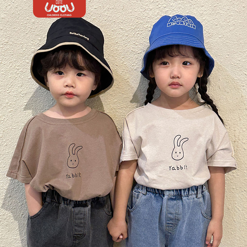 Sun baby Áo Thun cotton Tay Ngắn Dáng Rộng In Hình Đầu Thỏ Dễ Thương Thời Trang Mùa Hè Cho Bé