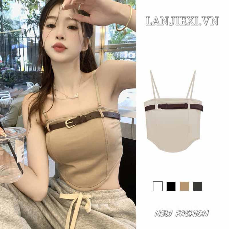 LANJIEXI Áo Hai Dây Thiết Kế Không Đồng Đều Lưng Cao Ngọt Ngào Thời Trang Cho Nữ