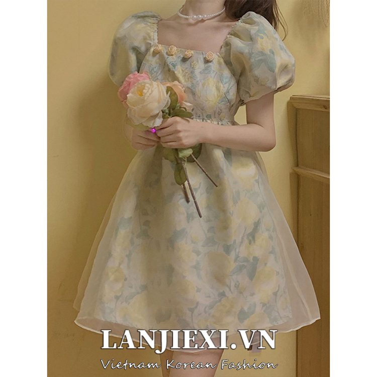 LANJIEXI Đầm Tay Phồng Kiểu Pháp Thời Trang Mùa Hè Xinh Xắn Cho Nữ