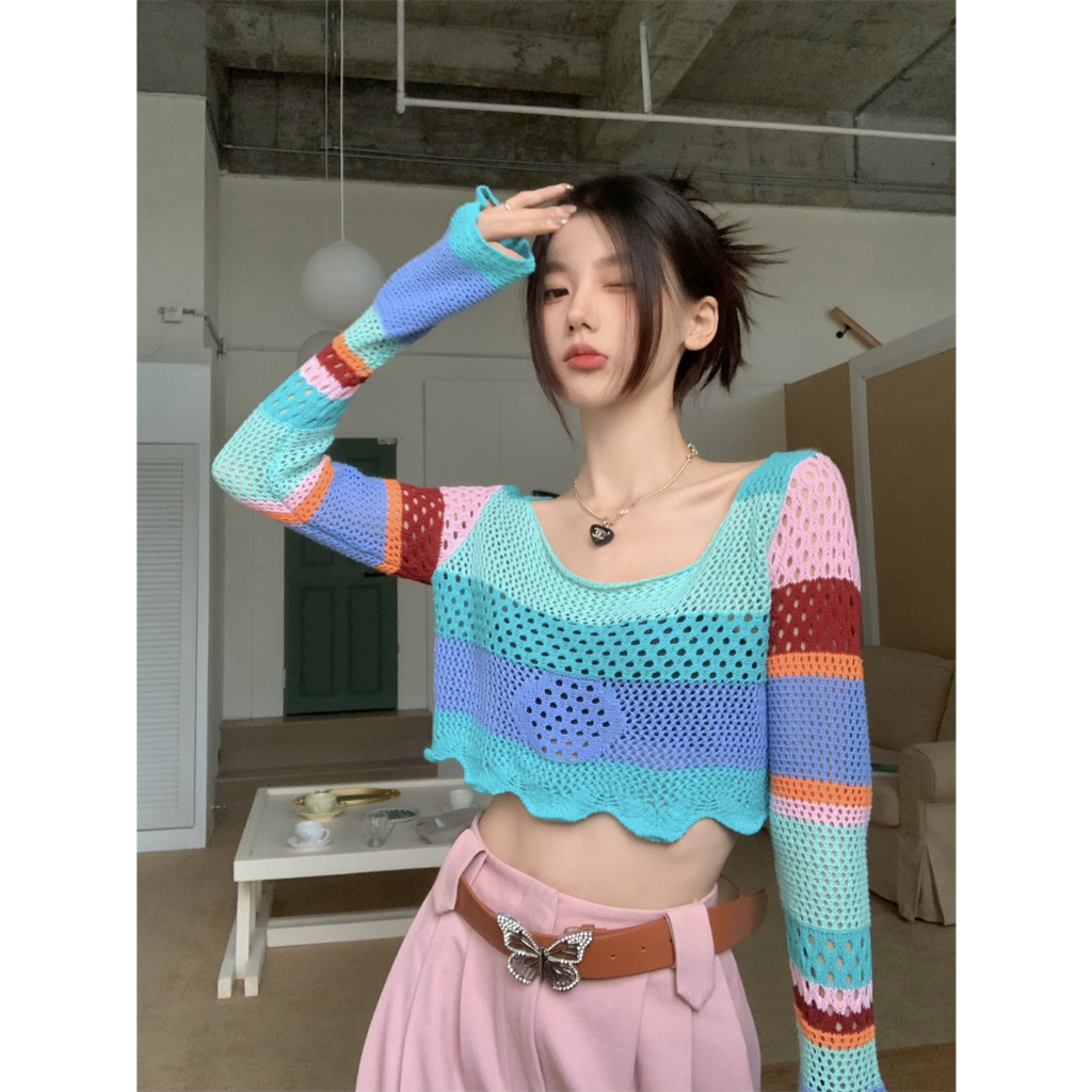 QADCOL Áo sweater Dáng Ngắn Và Ôm Chống Nắng Thiết Kế Khoét Rỗng Thời Trang Mùa Hè Cho Nữ
