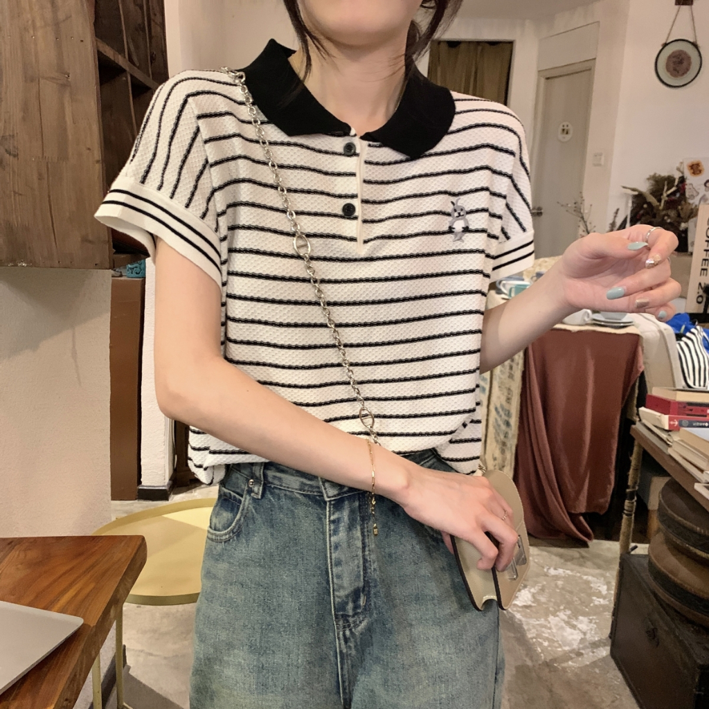 NUZIRO Áo polo Ngắn Tay Dáng Rộng Họa Tiết Kẻ Sọc Thời Trang Mùa Hè Hàn Quốc Cho Nữ