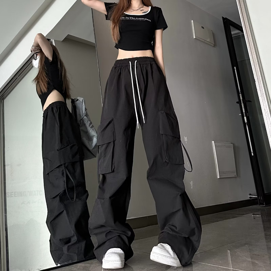 QKOOLE Quần Dài Thể Thao Ống Rộng Phối Túi Lớn Màu Vàng Thời Trang Mùa Hè Cá Tính Cho Nữ