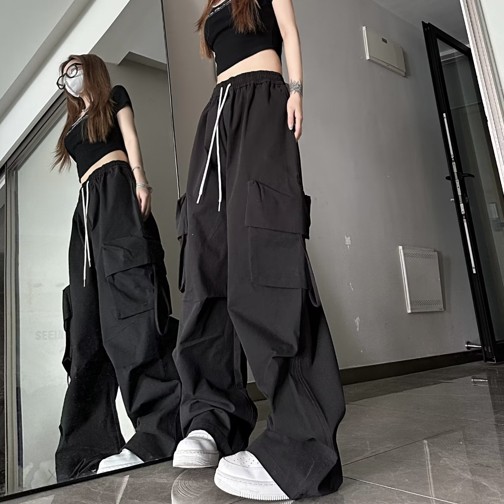 QKOOLE Quần Dài Thể Thao Ống Rộng Phối Túi Lớn Màu Vàng Thời Trang Mùa Hè Cá Tính Cho Nữ