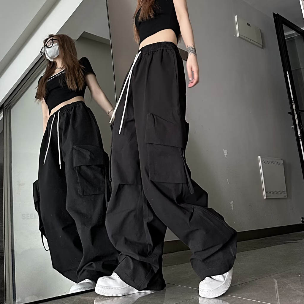 QKOOLE Quần Dài Thể Thao Ống Rộng Phối Túi Lớn Màu Vàng Thời Trang Mùa Hè Cá Tính Cho Nữ