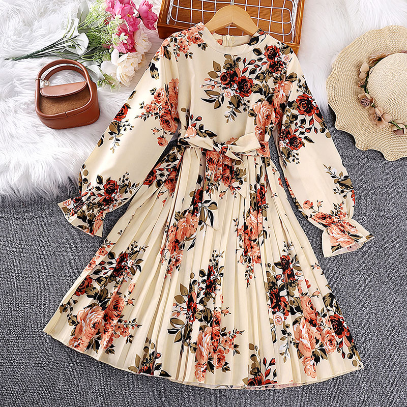 Đầm Chiffon Tay Dài In Hoa Màu Sắc Be Phong Cách Vintage Dành Cho Bé Gái 8-12 Tuổi