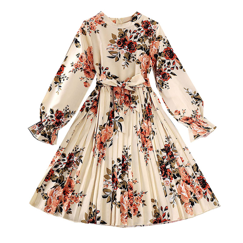 Đầm Chiffon Tay Dài In Hoa Màu Sắc Be Phong Cách Vintage Dành Cho Bé Gái 8-12 Tuổi