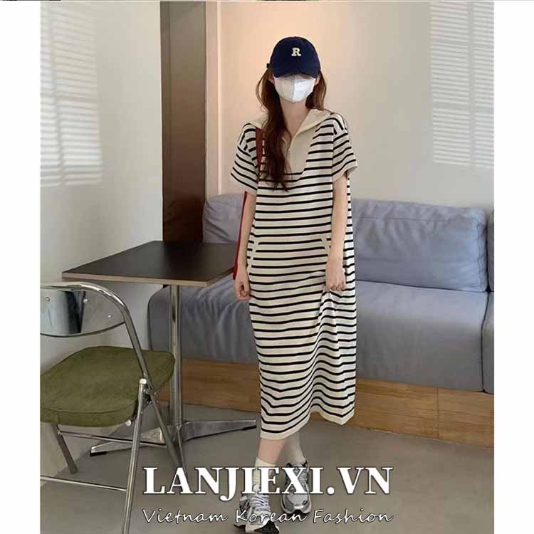 LANJIEXI Đầm polo Dệt Kim Dáng Ngắn Họa Tiết Kẻ Sọc Thời Trang Xinh Xắn Cho Nữ