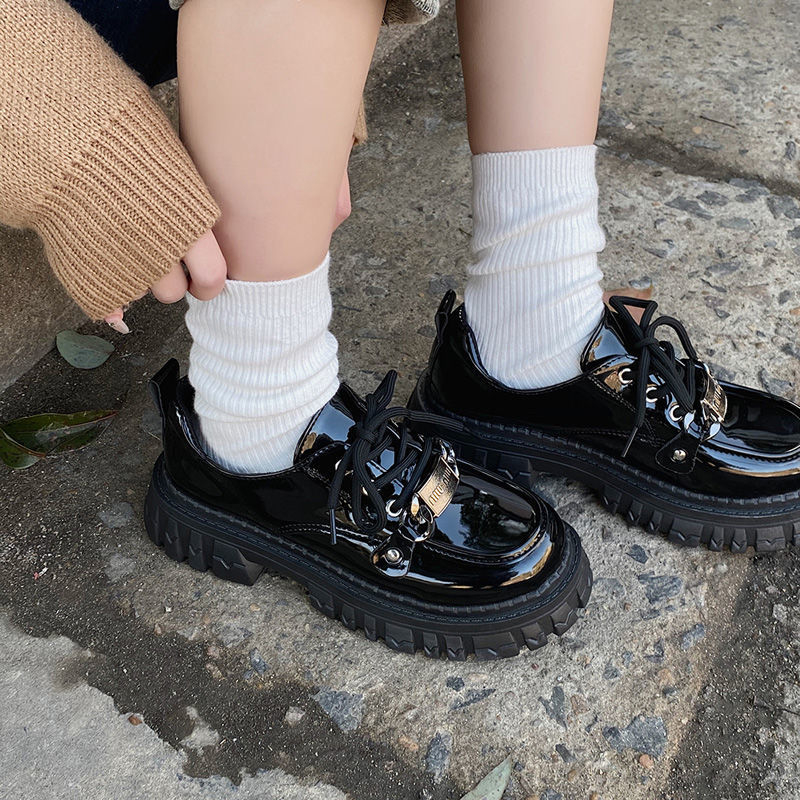One more shoes⭐Giày Da Đế Dày Buộc Dây Màu Đen Phong Cách Hàn Quốc Thời Trang Cho Nữ