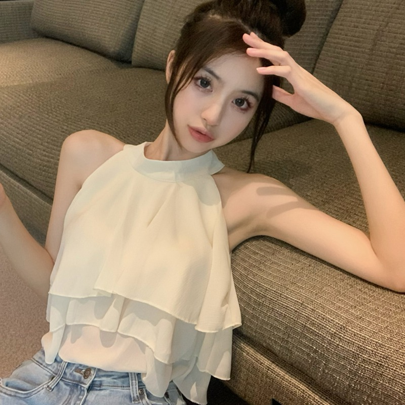 Áo Hai Dây Phối Bèo Màu Trơn Phong Cách Vintage Thời Trang Cho Nữ