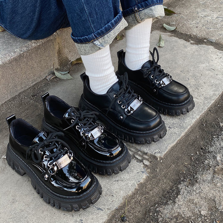 One more shoes⭐Giày Da Đế Dày Buộc Dây Màu Đen Phong Cách Hàn Quốc Thời Trang Cho Nữ