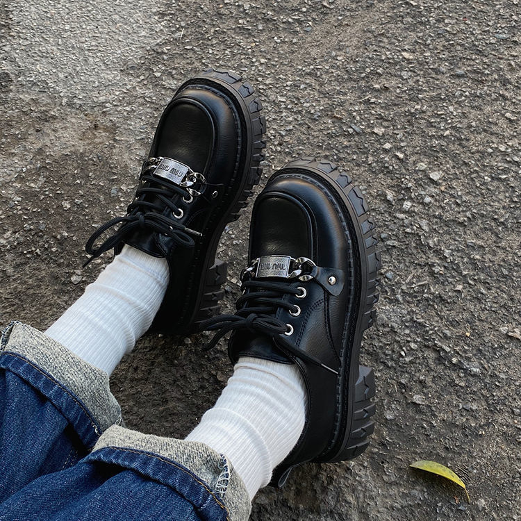 One more shoes⭐Giày Da Đế Dày Buộc Dây Màu Đen Phong Cách Hàn Quốc Thời Trang Cho Nữ