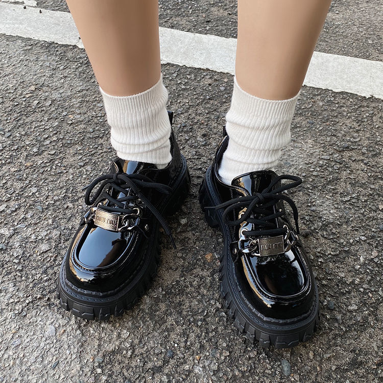 One more shoes⭐Giày Da Đế Dày Buộc Dây Màu Đen Phong Cách Hàn Quốc Thời Trang Cho Nữ