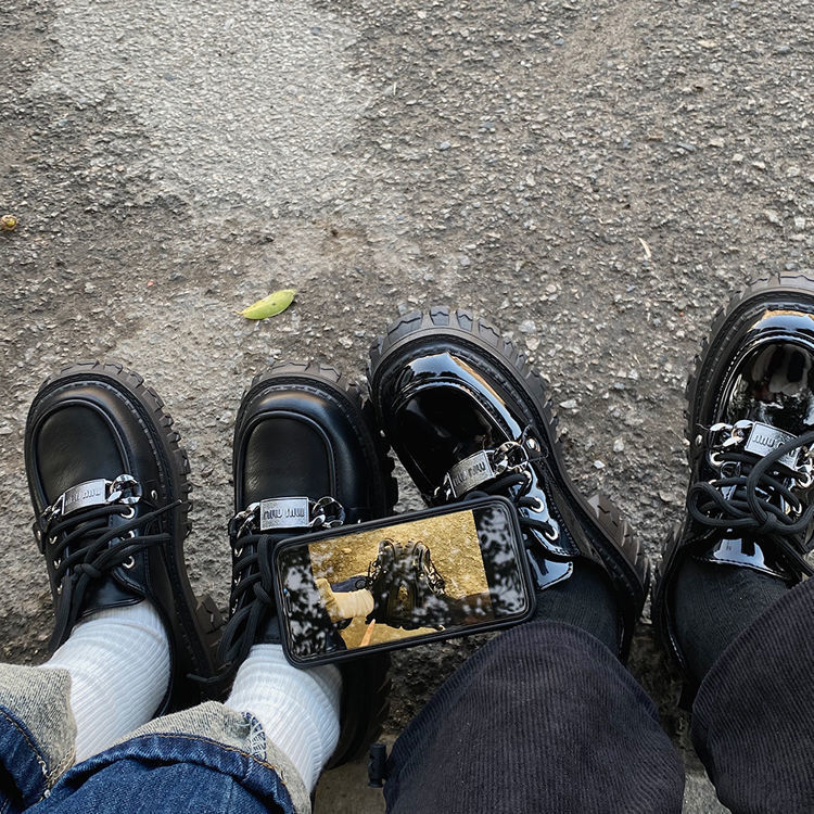 One more shoes⭐Giày Da Đế Dày Buộc Dây Màu Đen Phong Cách Hàn Quốc Thời Trang Cho Nữ