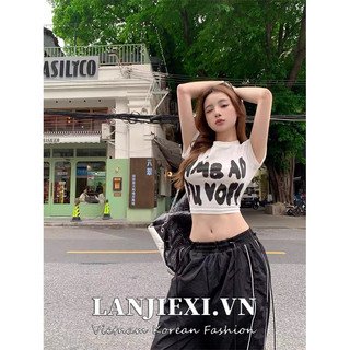 LANJIEXI Áo Thun Tay Ngắn Hở Vai In Chữ Màu Trắng Thời Trang Mùa Hè Phong Cách Âu Mỹ Cho Nữ
