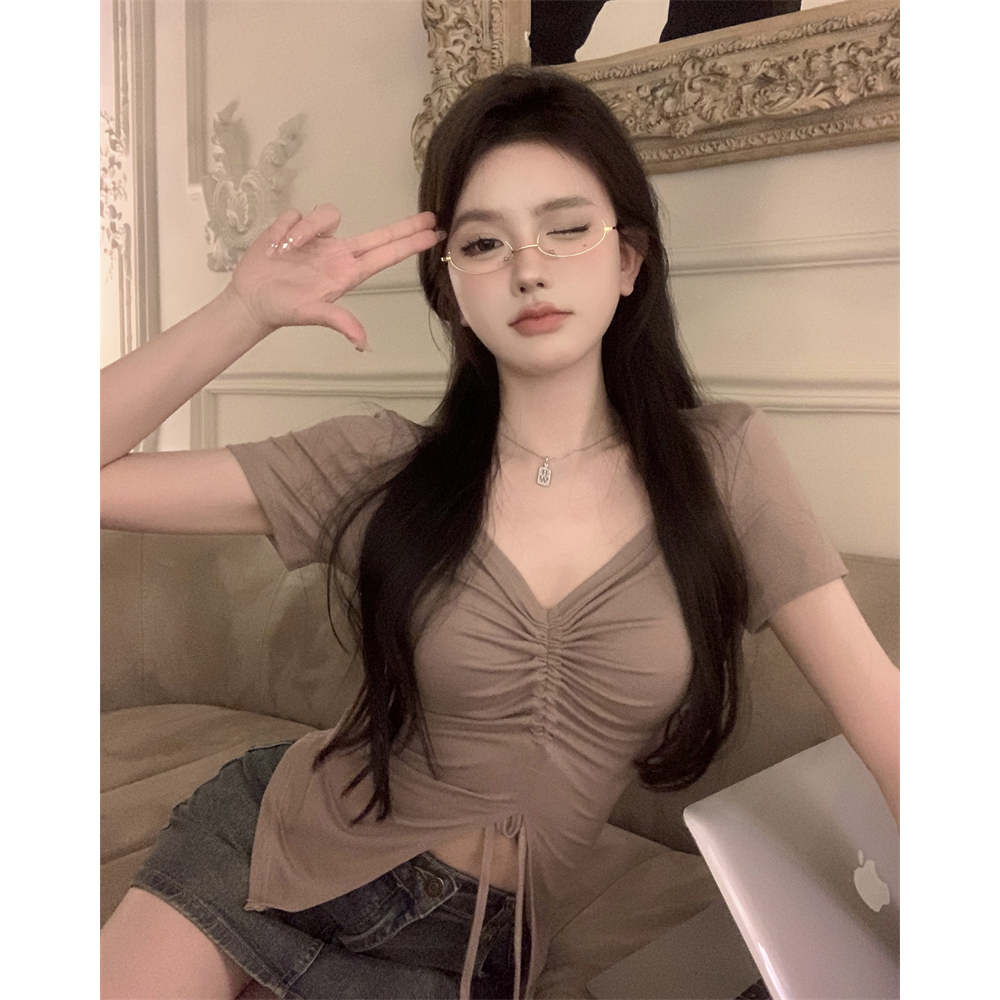 Lalisas Áo Croptop Dây Rút Xếp Ly Ngắn Tay Ôm Dáng Thiết Kế Sang Trọng Quyến Rũ Cho Nữ