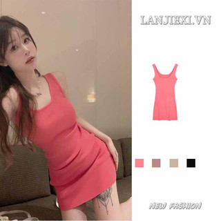 Lanjiexi đầm hai dây cổ vuông xếp ly hẹp eo hẹp màu trơn ngọt ngào
