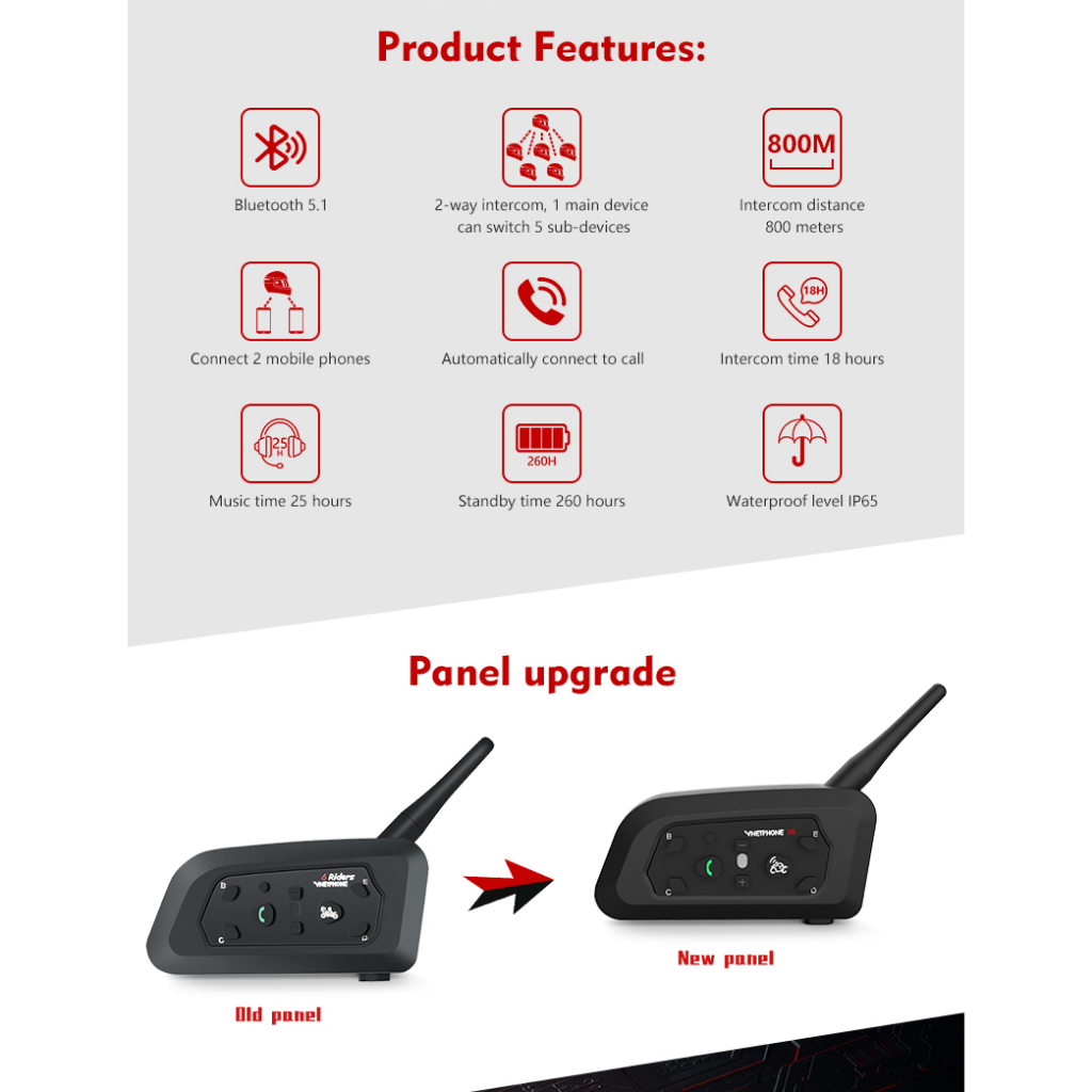 Tai Nghe Bluetooth VNETPHONE V6 1.2KM 850mAh IP65 6 Riders MP3 GPS Và Phụ Kiện