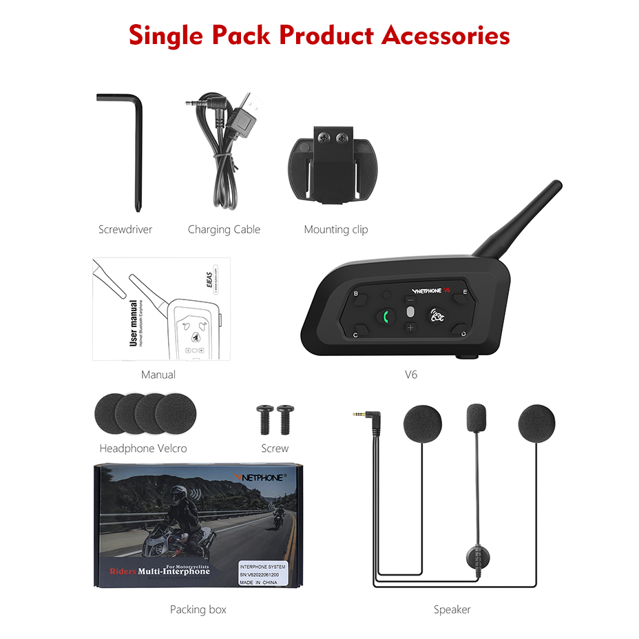 Tai Nghe Bluetooth VNETPHONE V6 1.2KM 850mAh IP65 6 Riders MP3 GPS Và Phụ Kiện