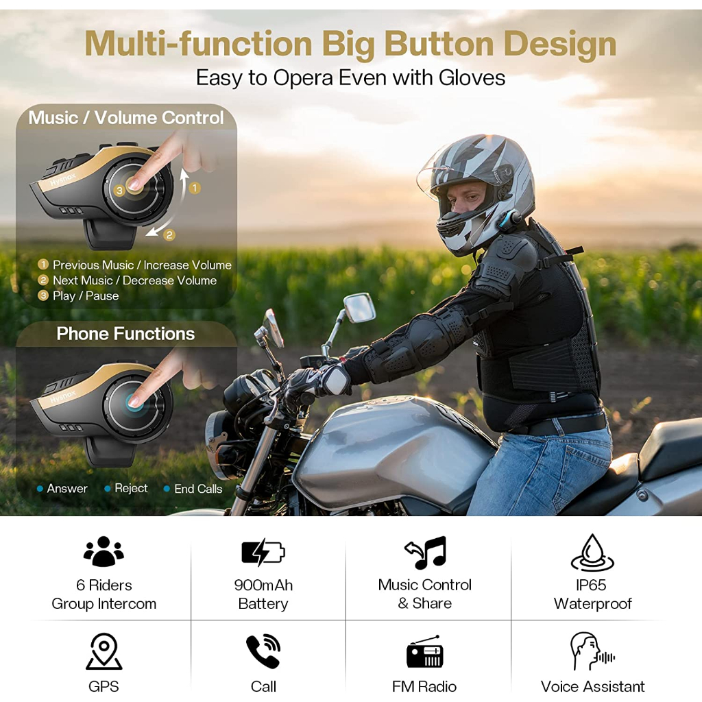 Mũ Bảo Hiểm Tích Hợp Liên Lạc Điện Đàm Hysnox HY-02 2KM 6 Riders 5.0 Bluetooth Và Đài FM Radio VS Freedconn T max / Freed