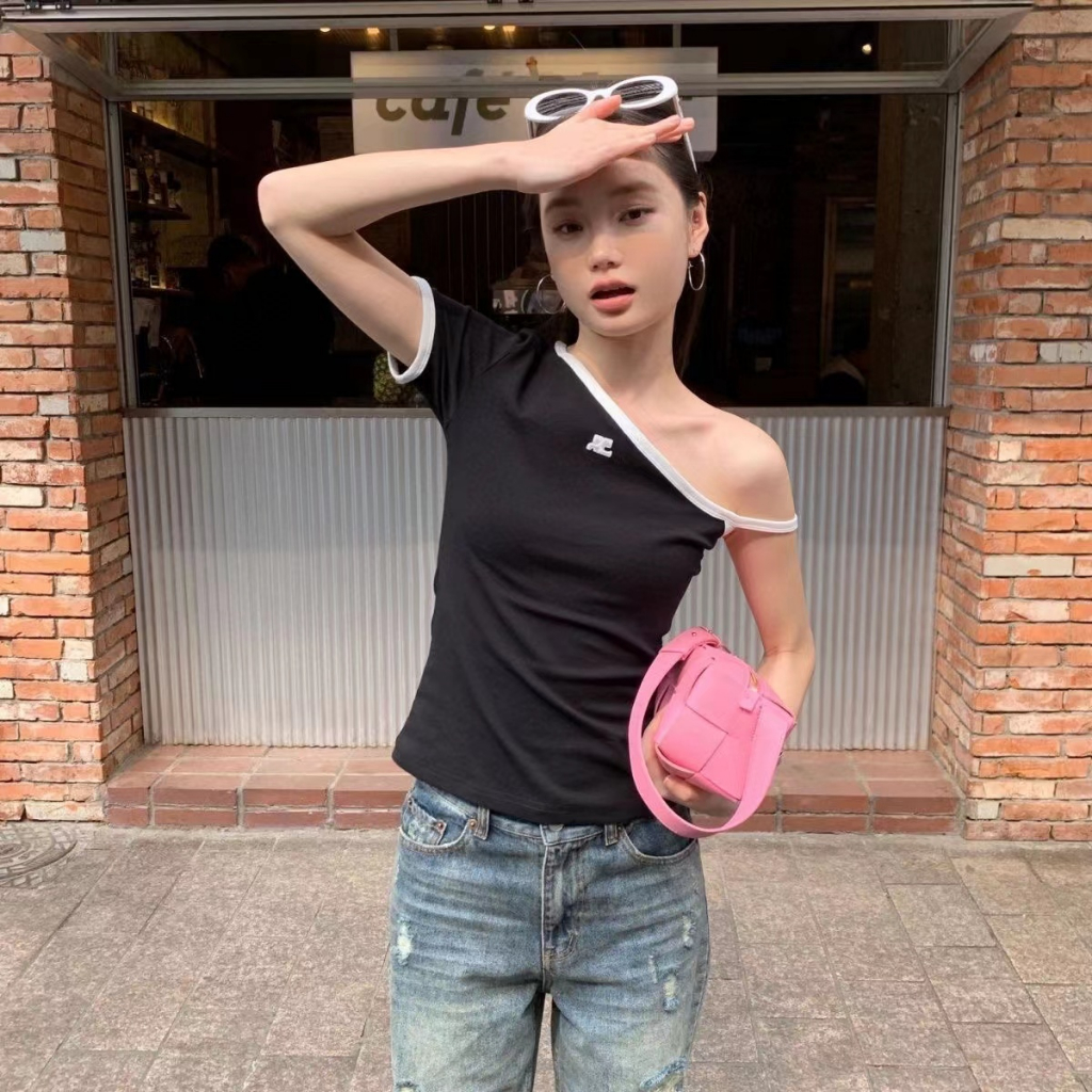 Courreges LE SSERAFIM Sakura Áo Thun Cotton Ngắn Tay Trễ Vai Thêu Họa Tiết Phong Cách Mỹ Cho Nữ