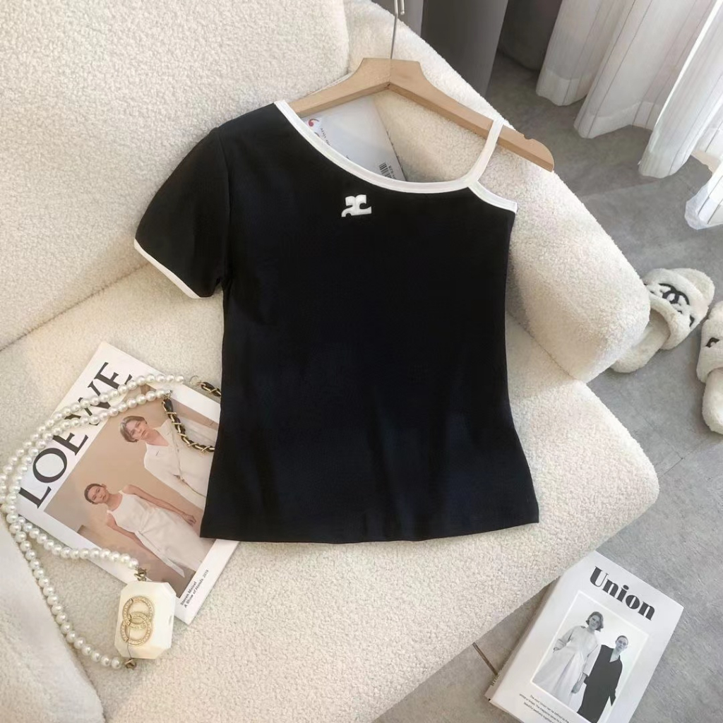 Courreges LE SSERAFIM Sakura Áo Thun Cotton Ngắn Tay Trễ Vai Thêu Họa Tiết Phong Cách Mỹ Cho Nữ