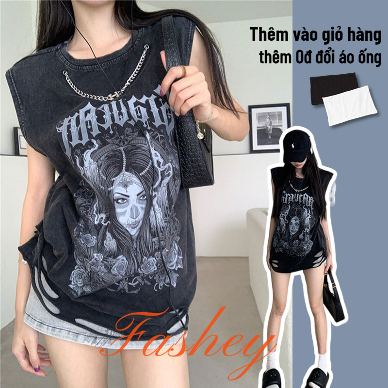 Fashey Áo Thun Sát Nách Dáng Rộng Phong Cách Đường Phố Mỹ Cá Tính Cho Nữ