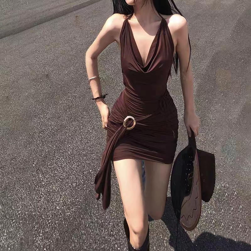 Klalien Đầm Mini Ôm Dáng Không Tay Hở Lưng Phong Cách Vintage Đường Phố Quyến Rũ Cho Nữ