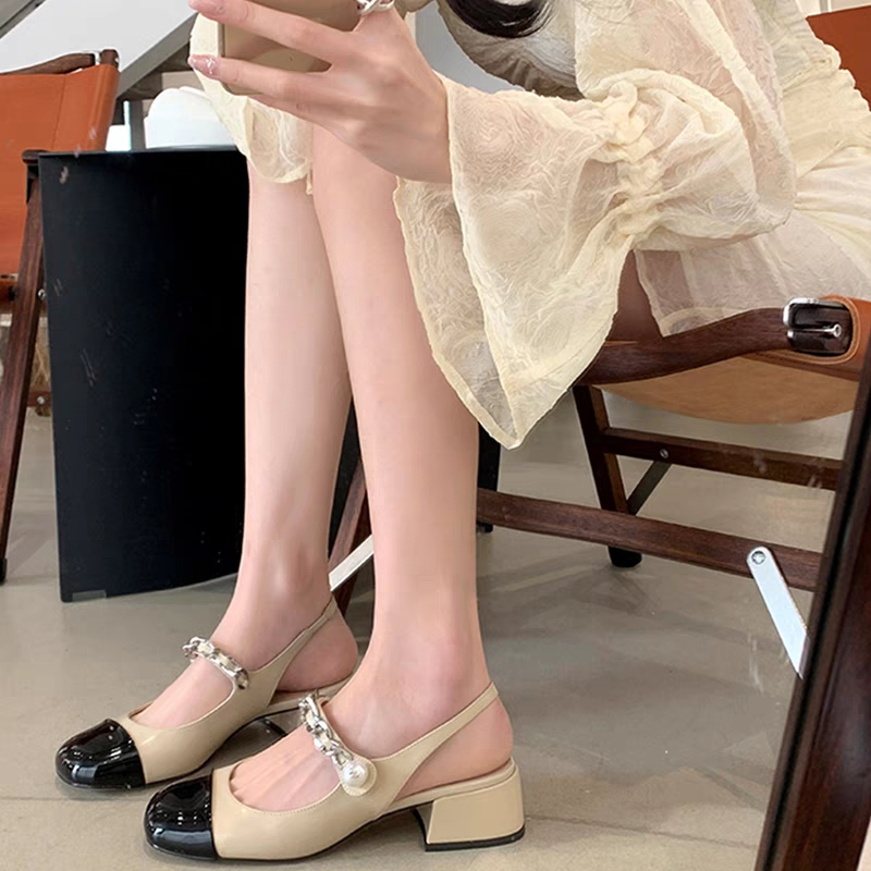 YAOLI  Xăng đan Mary Jane Gót Dày Hở Ngón Phong Cách Pháp Mới Cho Nữ