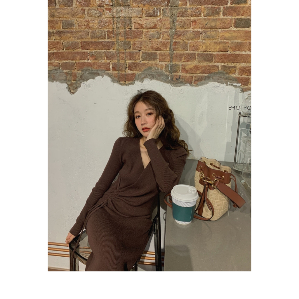 Đầm Dệt Kim Dài Tay Cổ Chữ V Thiết Kế Xẻ Tà Thời Trang Mới Cho Nữ