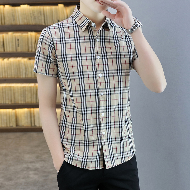 Áo Sơ Mi Cotton Tay Ngắn Họa Tiết Kẻ Sọc Màu Đen / Đỏ / Xanh Quân Đội Phong Cách Hàn Quốc Thời Trang Mùa Hè Cho Nam