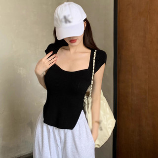 Áo thun dệt kim cổ vuông dành cho nữ tay ngắn chia mỏng màu trơn S