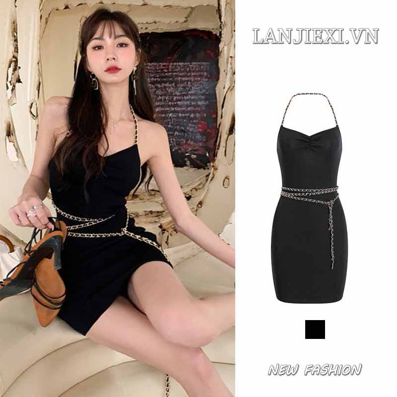 LANJIEXI Đầm Ngắn Hai Dây Phối Dây Xích Gợi Cảm Cho Nữ
