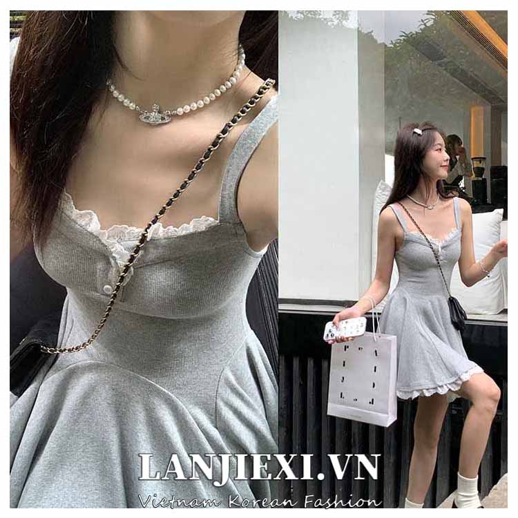 LANJIEXI Đầm Hai Dây Dáng Chữ a Ôm Eo Màu Trơn Phong Cách Ngọt Ngào