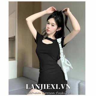 LANJIEXI Đầm Ngắn Tay Ôm Dáng Với Thiết Kế Cổ Yếm Xinh Xắn Dành Cho Nữ