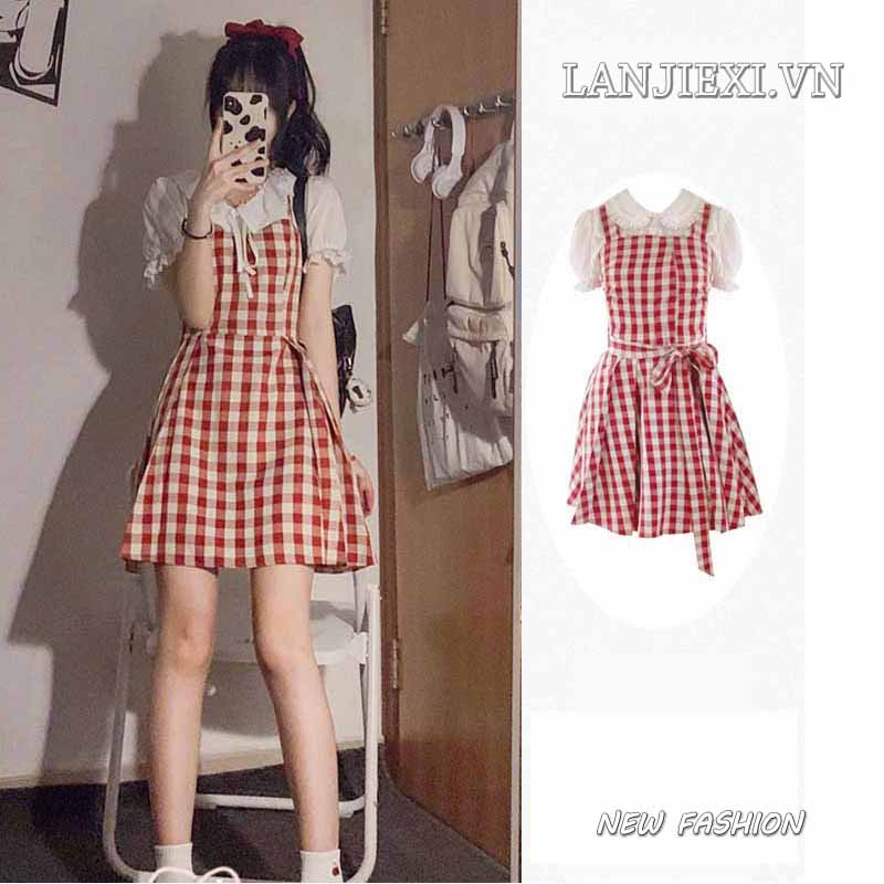 LANJIEXI Đầm Cổ Búp Bê Họa Tiết Sọc Caro Phong Cách Preppy Pháp Ngọt Ngào Cho Nữ
