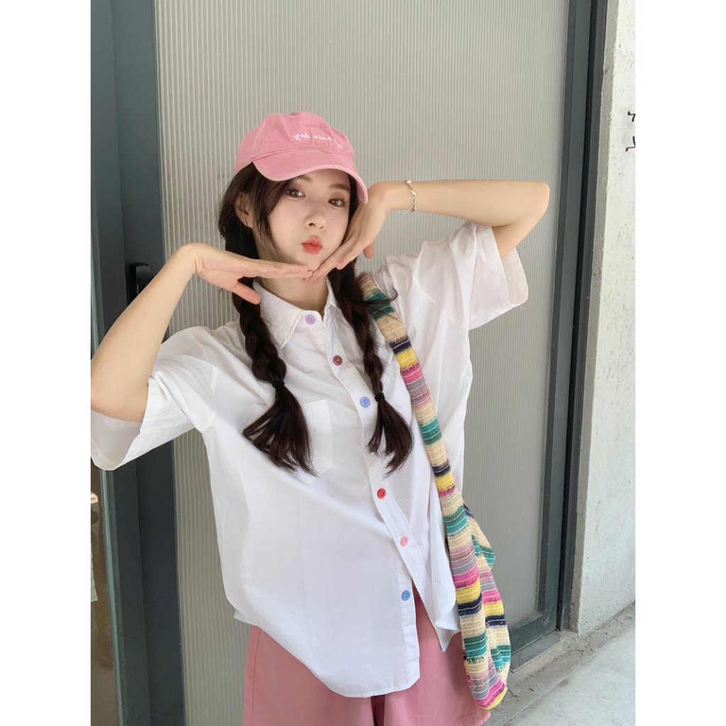 QOEDDV Áo Sơ Mi Tay Ngắn Dáng Rộng Màu Trắng Cài Nút Nhiều Màu Sắc Thời Trang Mùa Hè Mới Dành Cho Nữ