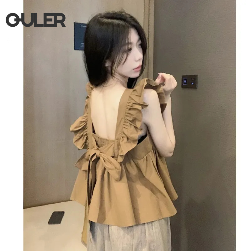 Áo peplum Cổ Vuông Tay Cánh Bướm Viền Bèo Dáng Rộng Lưng Buộc Dây Cho Nữ edqrdq