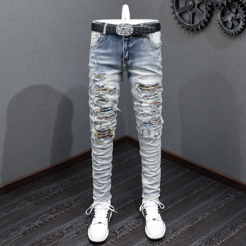 Amiri High quality street fashion men jeans blue retro tight elastic patch designer same hip-hop men jeans