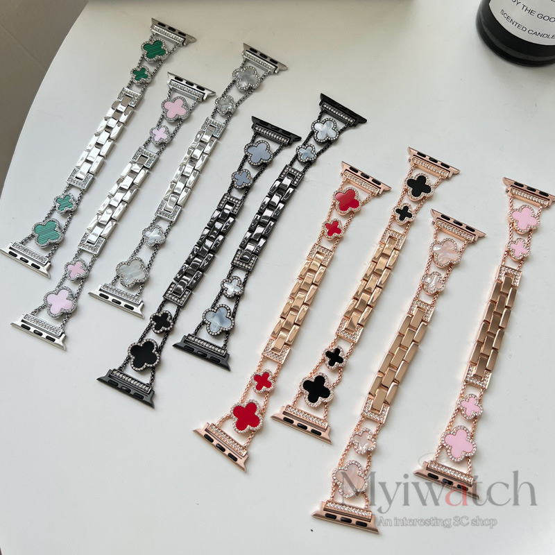 Dây Đeo Đồng Hồ Bằng Kim Loại Dạng Cỏ Bốn Lá Cho iwatch Serie 8 7 6 SE 5 4 3 2 1 44mm 45mm 41mm 40mm 38mm 49mm 42mm