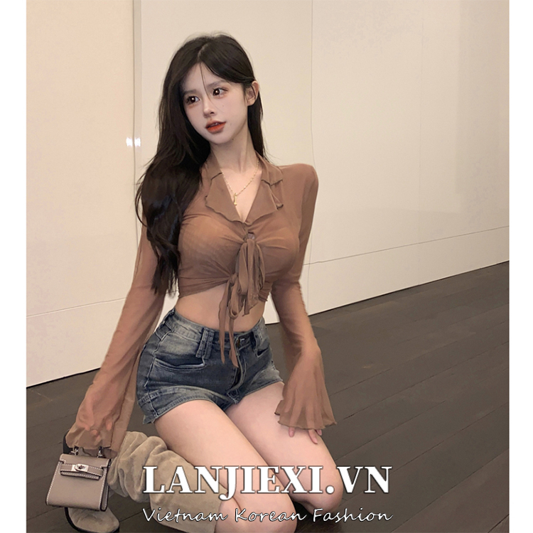 LANJIEXI Áo Kiểu Tay Dài Cột Dây Dáng Ngắn Thời Trang Mùa Hè Quyến Rũ Cho Nữ