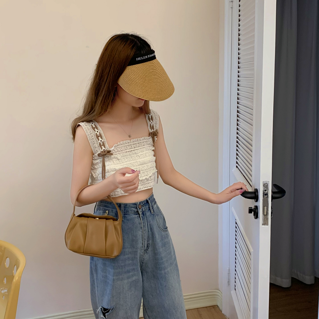 Áo Dệt Kim Hai Dây Dáng Ngắn Phong Cách Vintage Độc Đáo Cho Nữ