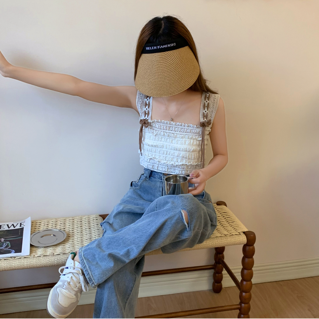 Áo Dệt Kim Hai Dây Dáng Ngắn Phong Cách Vintage Độc Đáo Cho Nữ