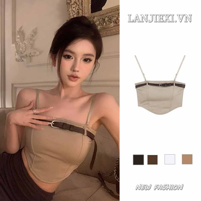 LANJIEXI Áo Hai Dây Mùa Hè Phong Cách Retro Quyến Rũ Ngọt Ngào Cho Nữ