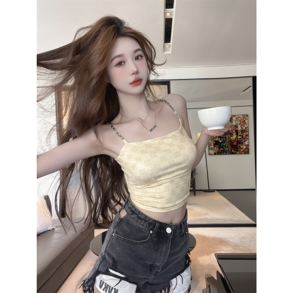 Lalisas Áo croptop Dáng Ôm Phối Dây Xích Thiết Kế Ngọt Ngào Quyến Rũ Cao Cấp Cho Nữ